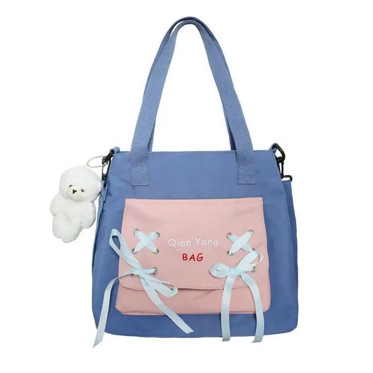 Two-Tone Canvas Tote Bag with Bow-Detail Pocket Sky Blue color SKU reference