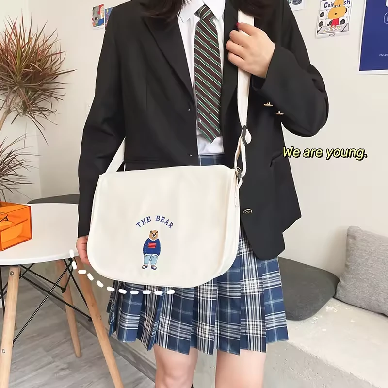 Bear-Embroidered Canvas Shoulder Tote with Zipper product reference image
