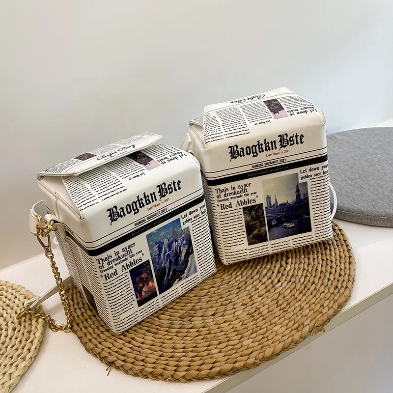 Newspaper-Print Mini Shoulder Bag with Chain Strap product reference image