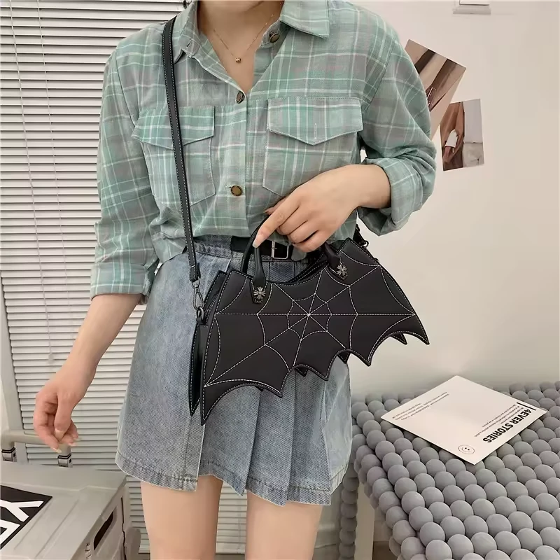 Bat-Shaped PU Crossbody Bag with Spiderweb Detail product reference image