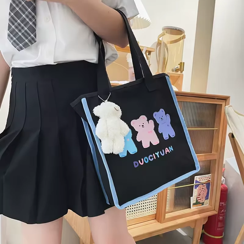 Bear Letter-Print Polyester Tote with Contrast Blue Edge product reference image