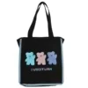 Bear Letter-Print Polyester Tote with Contrast Blue Edge Black color SKU reference