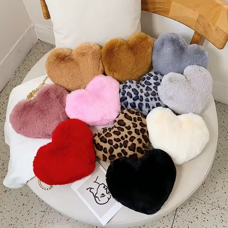 Heart-Shaped Faux-Fur Mini Coin Purse with Metal Strap product reference image