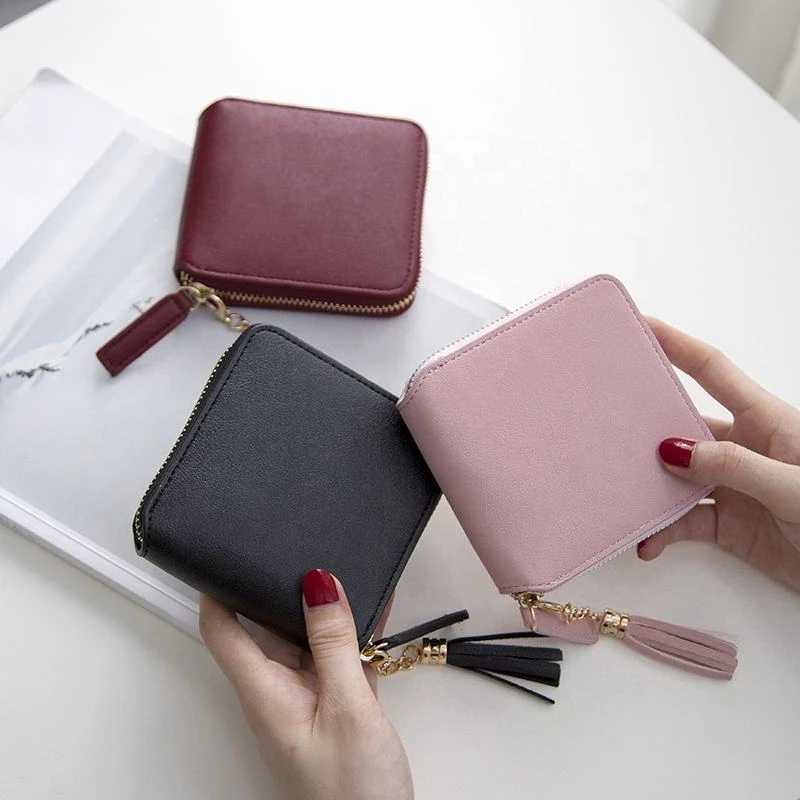 Small Square PU Wallet with Zipper and Tassel Detail product reference image