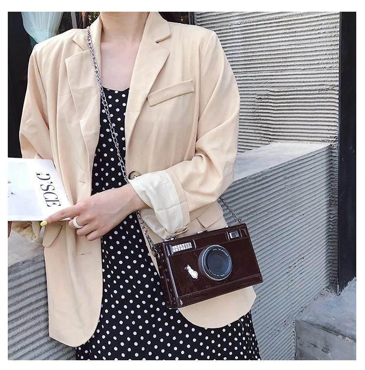 Camera-Shaped Glossy Mini Shoulder Bag with Chain product reference image