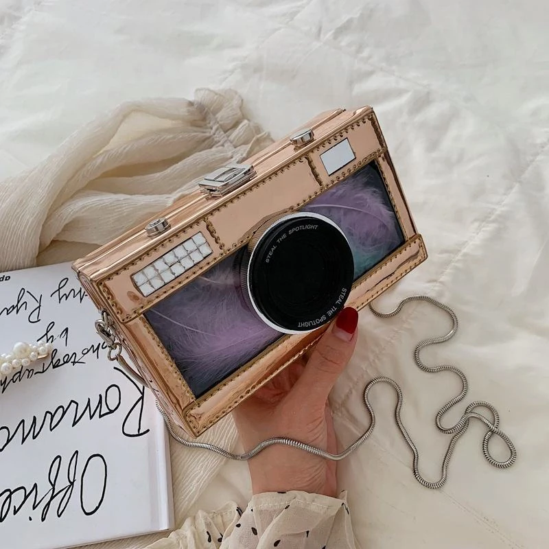 Retro Camera-Shaped Glossy Crossbody Bag with Clear Window product reference image