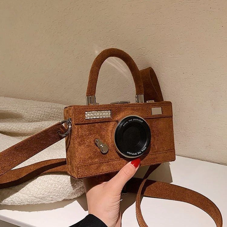 Retro Camera-Shaped Glossy Crossbody Bag with Clear Window product reference image