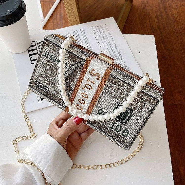 Graphic PU Clutch with Pearl-Style Chain product reference image