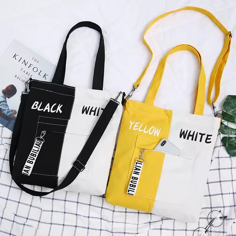 Letter-Print Cotton Tote with Zipper Closure product reference image