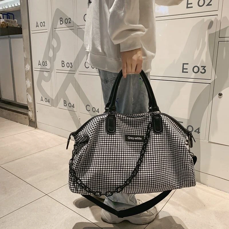 Houndstooth-Grid Travel Duffel with Shoulder Strap product reference image