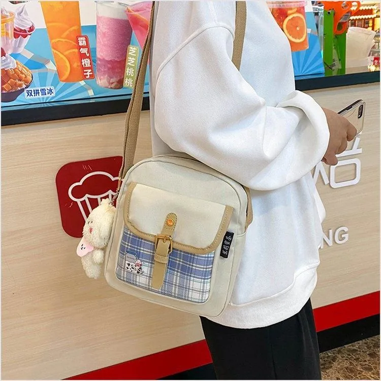 Plaid Canvas Crossbody Bag with Bear Detail product reference image