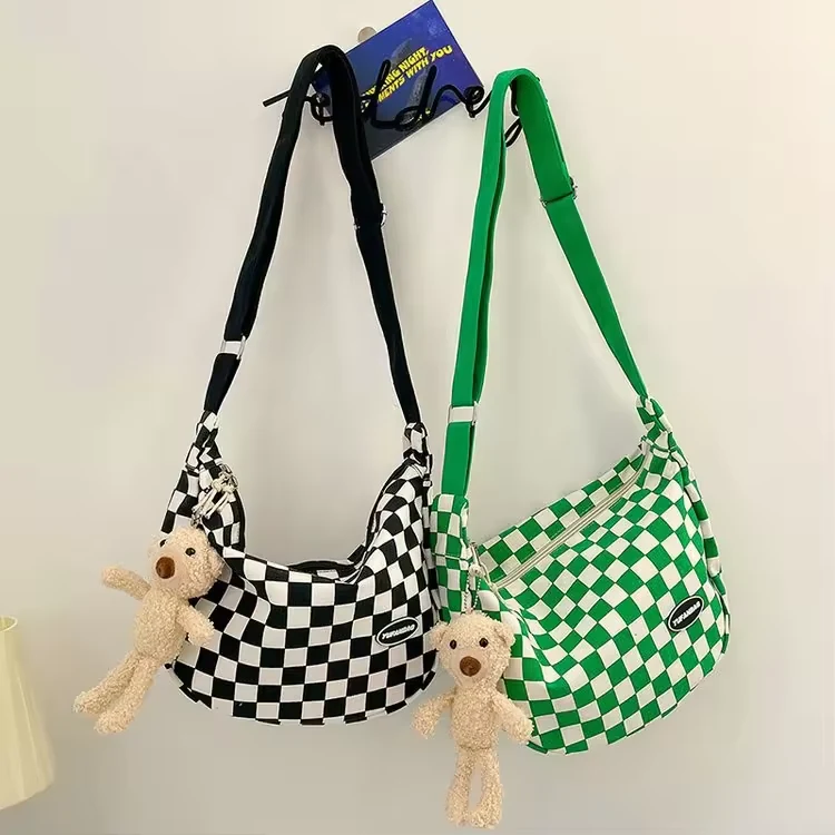 Plaid Canvas Shoulder Bag with Plush Pendant product reference image
