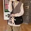 Plaid Canvas Shoulder Bag with Plush Pendant Black color SKU reference