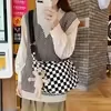 Plaid Canvas Shoulder Bag with Plush Pendant White color SKU reference