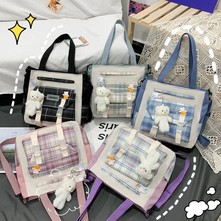 Clear-Window Plaid Crossbody Bag with Bear Pendant product reference image