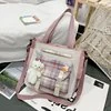 Clear-Window Plaid Crossbody Bag with Bear Pendant Pink color SKU reference