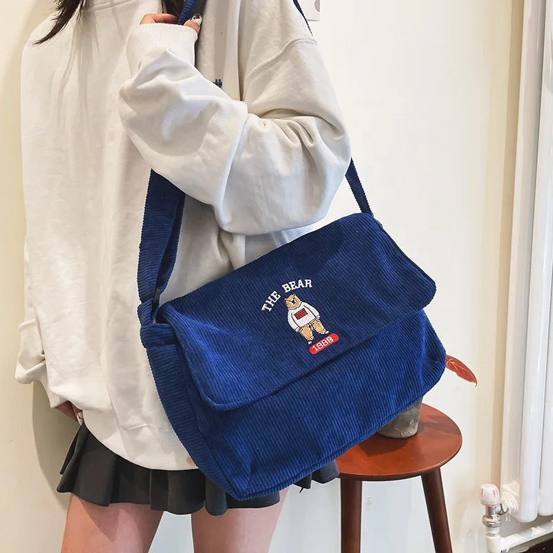 Corduroy Shoulder Bag with Embroidered Bear Detail product reference image