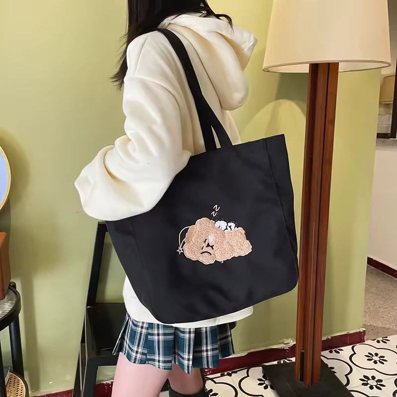 Bear-Embroidered Canvas Shoulder Tote product reference image
