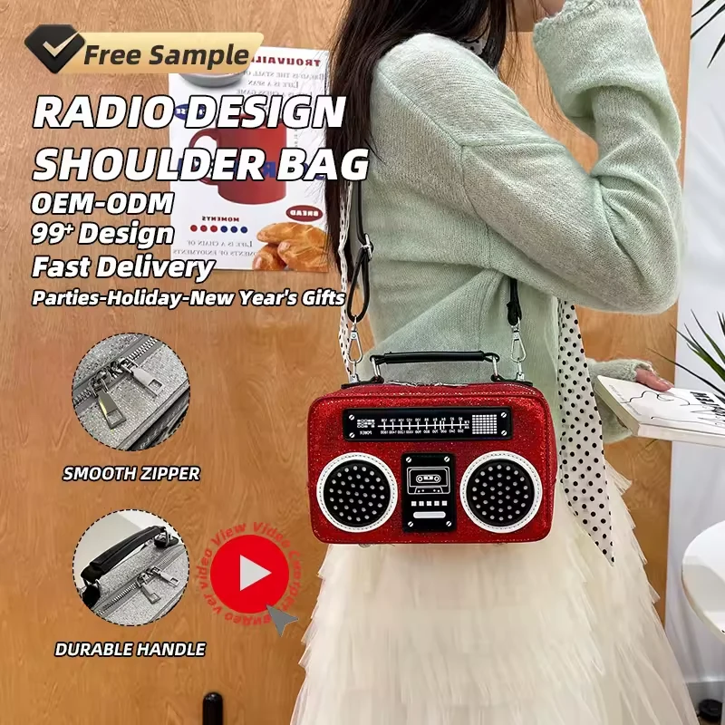 Retro Radio-Shaped PU Crossbody Bag with Sequin Detail product reference image