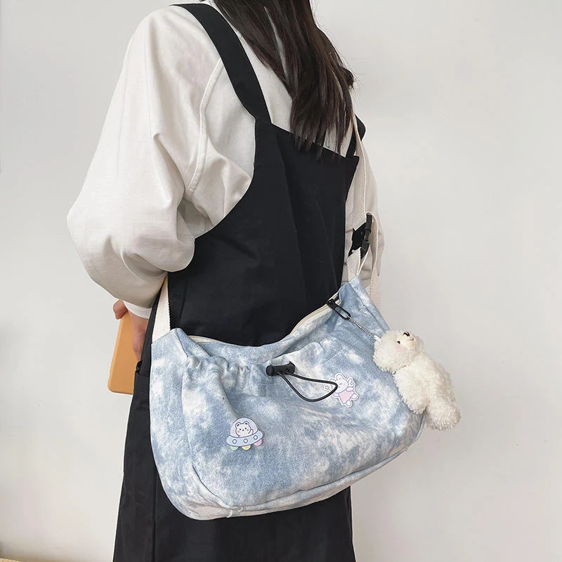 Patterned Drawstring Shoulder Bag with Bunny Charm Blue color SKU reference