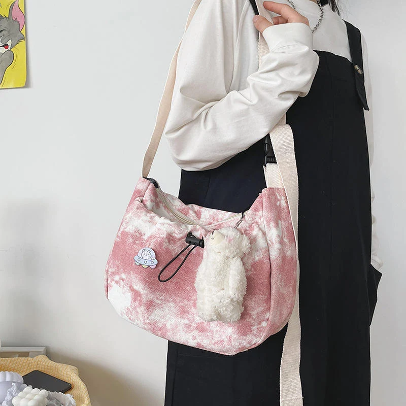 Patterned Drawstring Shoulder Bag with Bunny Charm Pink color SKU reference
