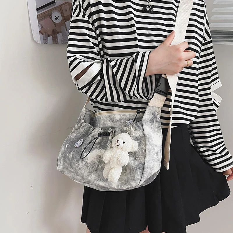 Patterned Drawstring Shoulder Bag with Bunny Charm Gray color SKU reference