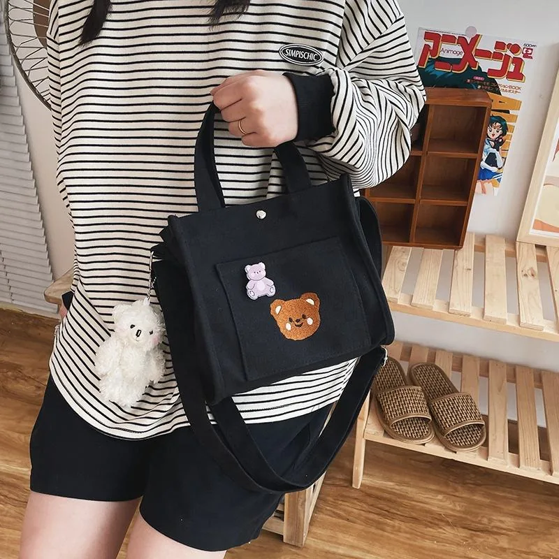 Japanese-Inspired Bear-Embroidered Shoulder Bag product reference image