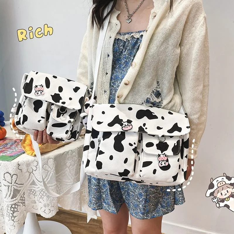 Cow-Pattern Multi-Pocket Nylon Crossbody Bag in Two Sizes product reference image