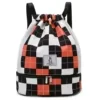 Checkerboard Drawstring Sports Backpack with Shoe Compartment Orange + Black color SKU reference