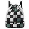 Checkerboard Drawstring Sports Backpack with Shoe Compartment Green + White color SKU reference