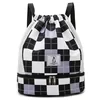 Checkerboard Drawstring Sports Backpack with Shoe Compartment Purple + White color SKU reference