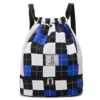 Checkerboard Drawstring Sports Backpack with Shoe Compartment Blue + White color SKU reference