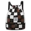Checkerboard Drawstring Sports Backpack with Shoe Compartment Brown + White color SKU reference