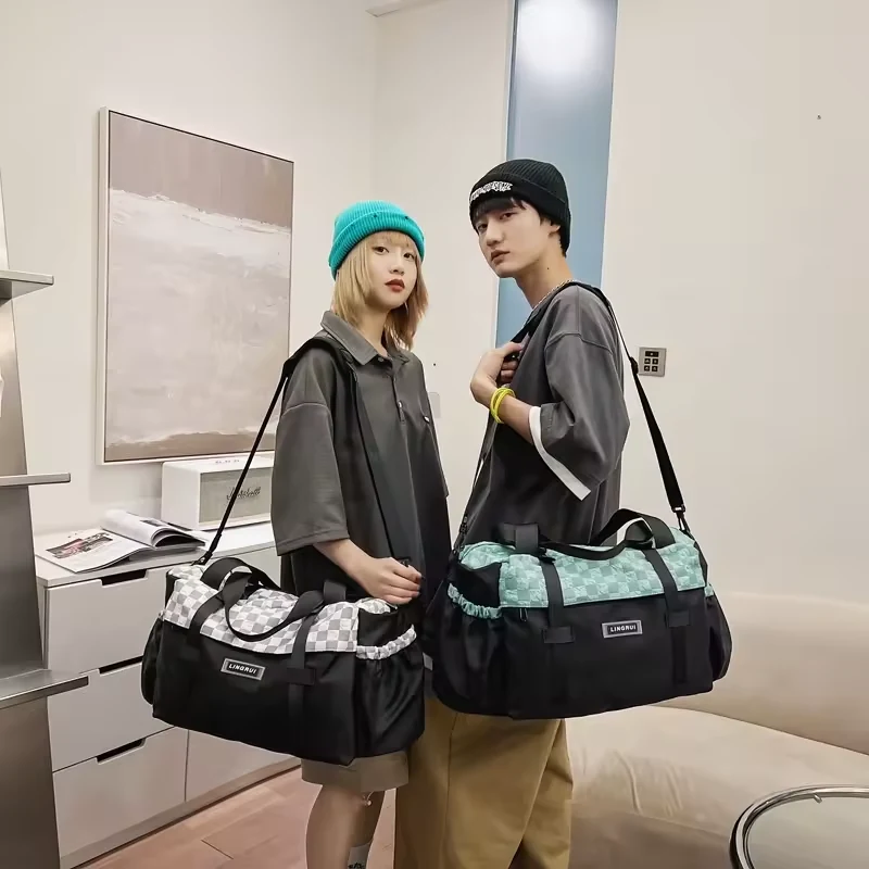 Color Block Sports Duffel with Side Drawstring Pockets product reference image