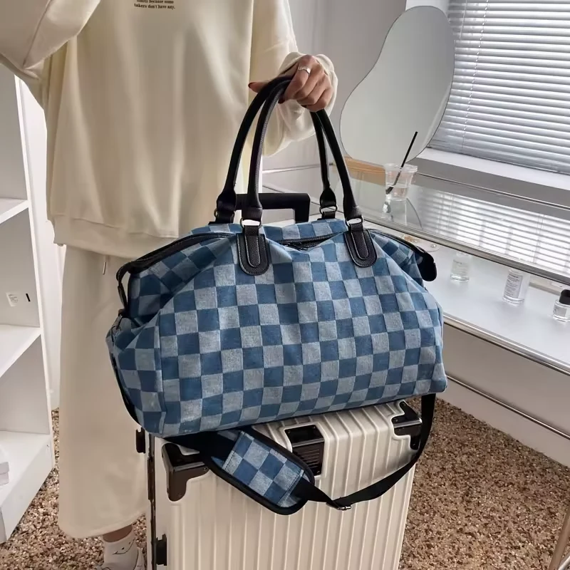Checkerboard Jacquard Weekender Duffel in Two Blue Shades product reference image