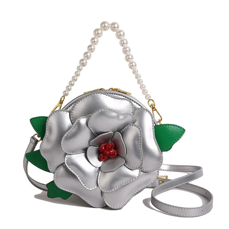 Flower-Shape PU Handbag with Pearl Handle Silver color SKU reference