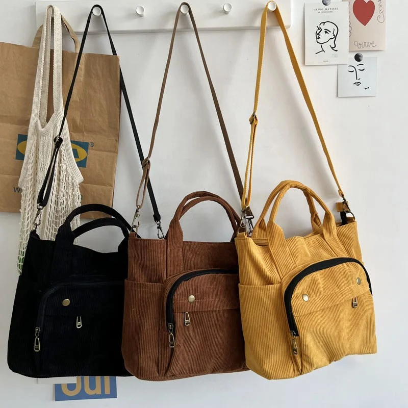 Corduroy-Textured Tote Bag with Front Zip Pocket product reference image