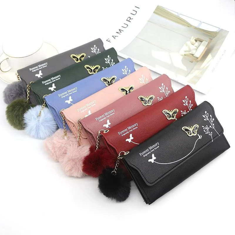 Butterfly Print PU Long Wallet with Plush Pendant product reference image