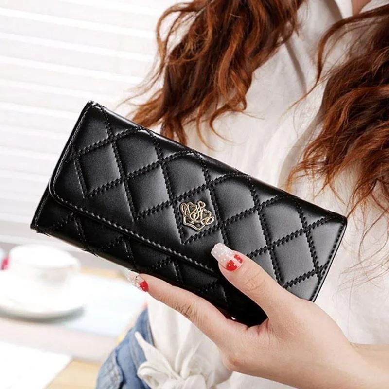 Quilted PU Long Wallet with Metal Crown Detail product reference image