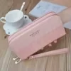 Crocodile-Texture Double-Zip PU Long Wallet Pink color SKU reference
