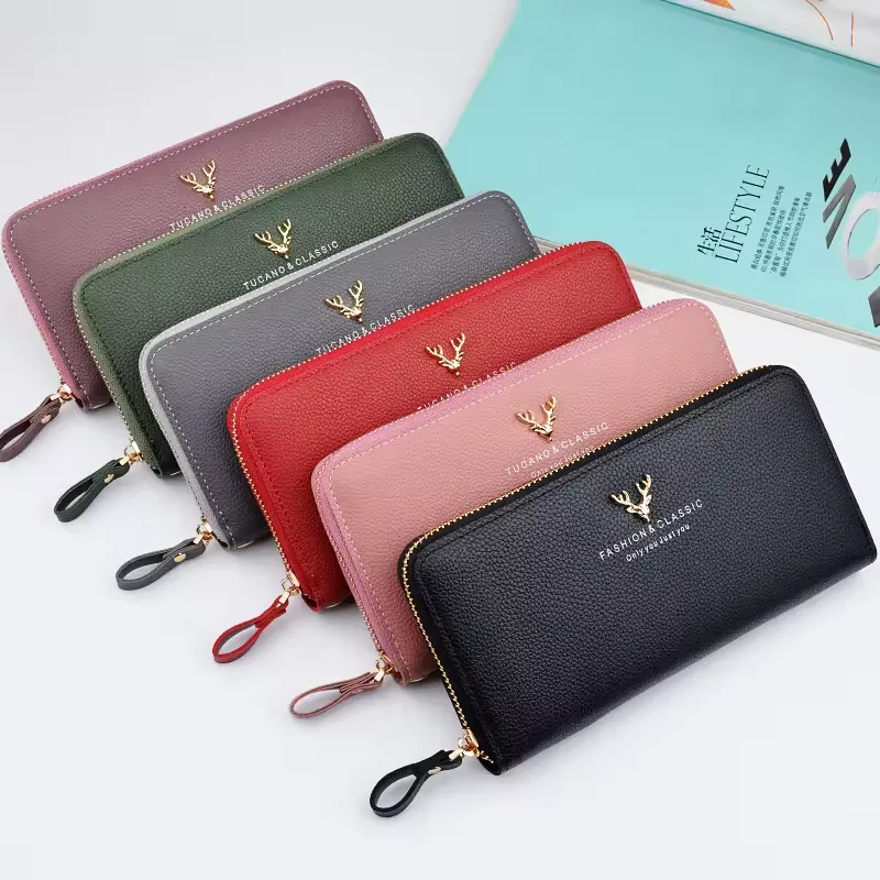 Long Litchi-Texture Zip Wallet with Wrist Strap product reference image