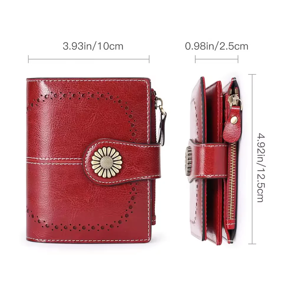 Oil-Wax Carved Leather Short Zip Wallet product reference image