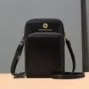 Genuine Leather Trifold Phone Wallet with Crossbody Strap Black color SKU reference