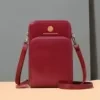 Genuine Leather Trifold Phone Wallet with Crossbody Strap Red color SKU reference