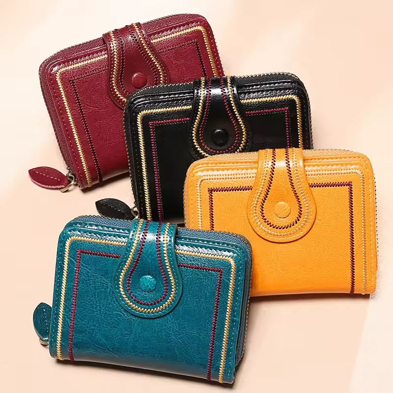 Genuine Leather Embroidered Compact Zip Wallet product reference image