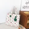 Cherry-Stripe Canvas Tote with Flower Label White color SKU reference