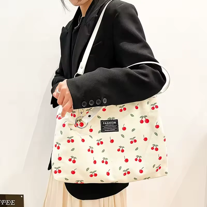 Zebra & Cherry Print Canvas Tote with Chain-Style Strap product reference image
