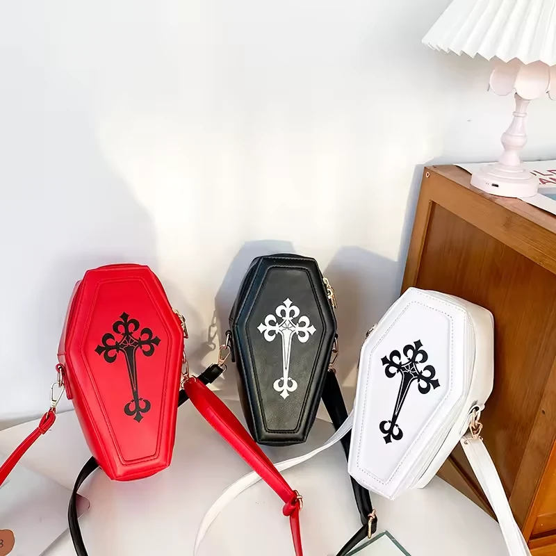Coffin-Shaped PU Crossbody Bag with Cross Detail product reference image