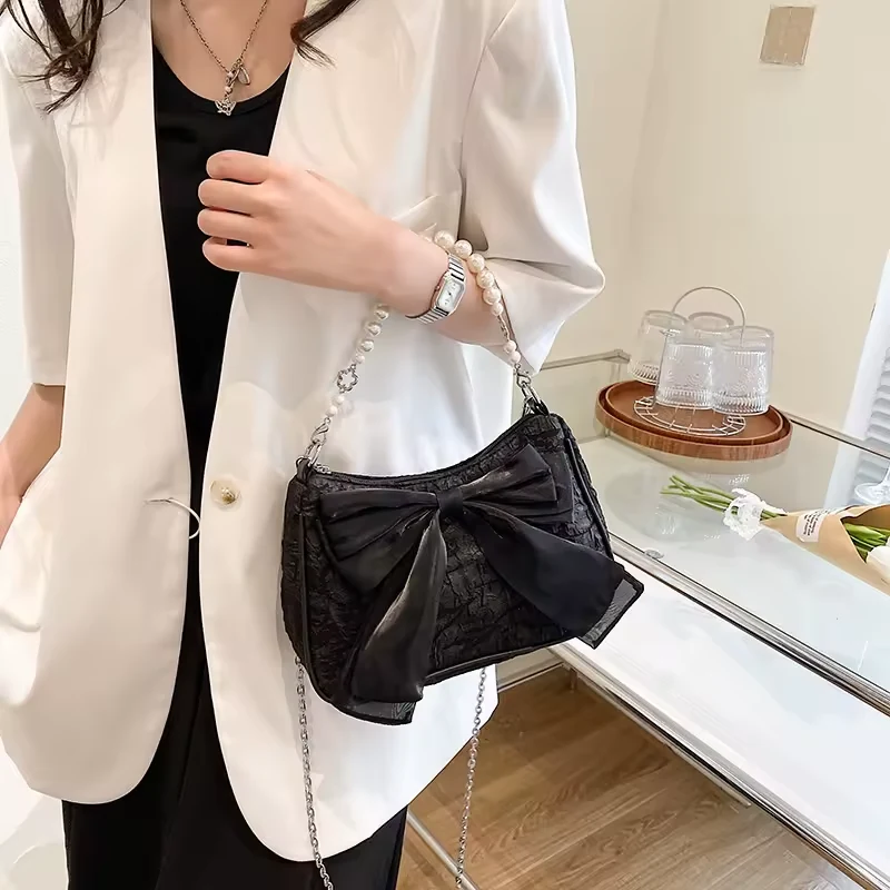 Ruched Nylon Shoulder Bag with Bow and Pearl-Chain Detail product reference image