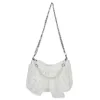 Ruched Nylon Shoulder Bag with Bow and Pearl-Chain Detail White color SKU reference